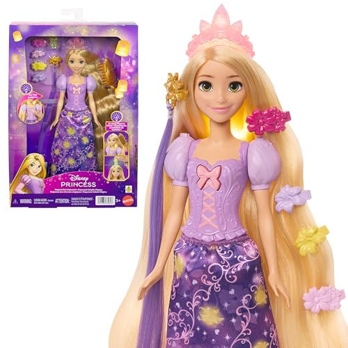 Mattel Disney Princess - Rapunzel Capelli Magici, bambola ispirata al film con capelli che brillano, 7 accessori per lo styling e personaggio Pascal incluso, 3+ anni, JHL46