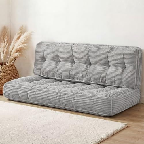 Vercraft 63 Inch Folding Bench Cushion, 4 Inch Thick 2-in-1 Convertible Long Floor Lounger Boneless Cushions Couch Mattress Upholstered for Yoga, Reading, Sleeping, Meditation Living Room(Light Grey)