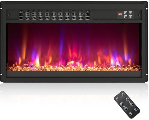 COSTWAY Elektrisk Kamin med Uppvärmning 1500 W, Inbyggd Kamin med Fjärrkontroll, Timer 0,5–9 H, Justerbar 3D-Flameffekt, Väggkamin med Termostat 17 ℃–32 ℃, Modern Infälld Kaminvärmare för Stora Rum