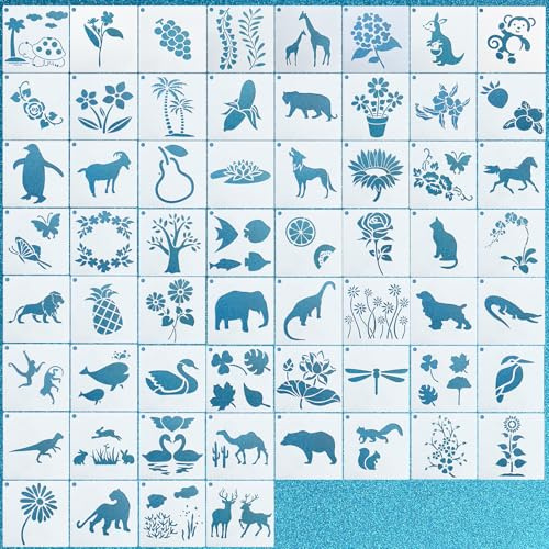 60 Stück Schablonen Textilgestaltung, Waldtiere Bäumen Pflanzen Schablonen zum Malen, Wiederverwendbare Malschablonen Erwachsene, Painting Stencils Set für Holz Stoff Fenster Wandgestaltung(10x10cm)