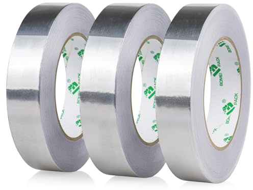 BOMEI PACK 3 Rolls Aluminum foil tape 1 inch Heat Resistant High Temperature Foil tape 25mm x 50m Pipes Repairing Insulating heating ventilation HVAC ducts Fixing works
