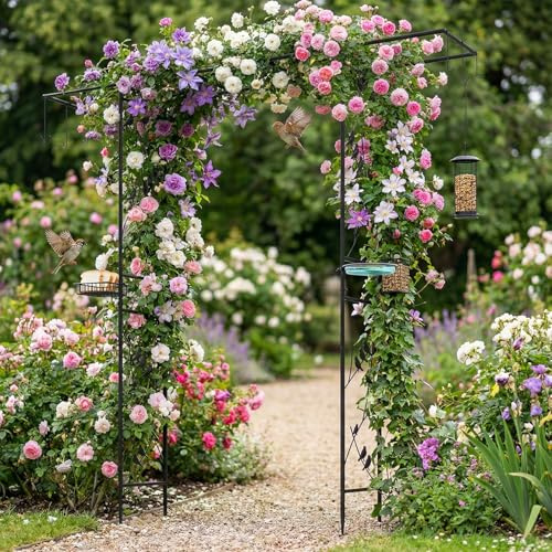 GOPLUS Arche de Jardin Métallique avec Mangeoire Oiseau, Abreuvoir, Plateau Nourriture pour Oiseaux et 7 Crochets, Pergola pour Plantes Grimpantes, Support de Décoration, Noir, 212x40x213CM