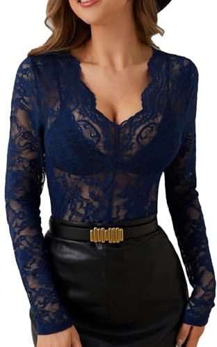 LOKLNEYK Blusas De Mujer Elegantes De Fiesta - Top Fiesta Mujer Largo Dorado Encaje Encaje Brillo Boda Tallas Grandes Gala Vieja Transparente Carnaval Ropa 2#Azul M