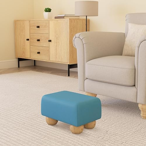 Footstools Direct Lapis Blue Faux Leather Small Footstool, Rectangular, 34 x 23 x 19.8 cm, Natural Wood Bun Feet, Handmade in Britain, Accent Stool for Sofa, Bedroom & Lounge