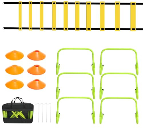 Ollewiellan Accesorio de entrenamiento de fútbol, escalera de agilidad con 12 conos marcadores, 6 obstáculos ajustables, 4 postes de acero y bolsa de transporte, set de entrenamiento ideal para