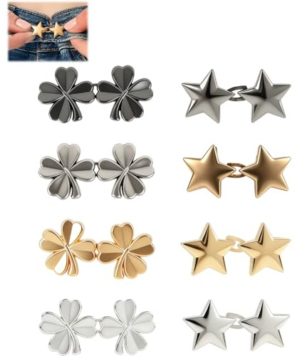 8 pares de botones ajustables para jeans con clips, estrecha pantalones demasiado anchos sin costura, pinza de cintura removible para jeans y faldas, en plata, oro, negro y bronce