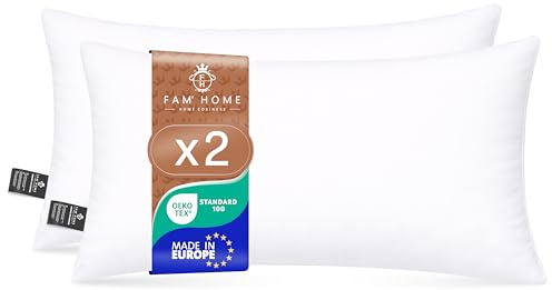 FAM Home Oreiller 40x80 Lot de 2 Anti Acarien I Coussin Rectangulaire Moelleux Microfibre Douces Hypoallergenique Entretien Facile
