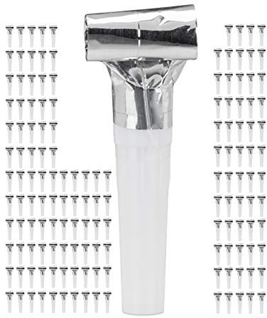 Relaxdays 150x Trombette da Festa, Set di Fischietti per Bambini, Compleanno, Carnevale, Party-Kit, Carta, Argento