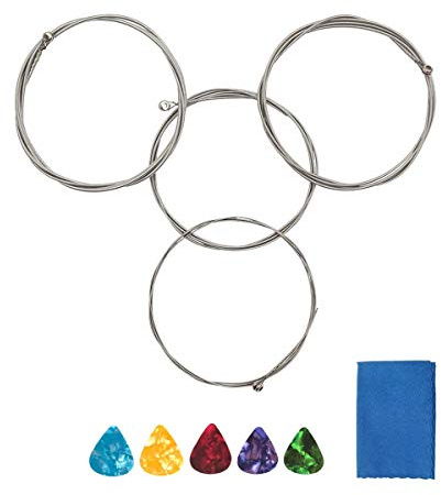 JYsun - Juego completo de cuerdas para bajo eléctrico, núcleo de acero y aleación de níquel con extremo de bola chapado en níquel con 1 paño de limpieza azul y 5 púas de guitarra