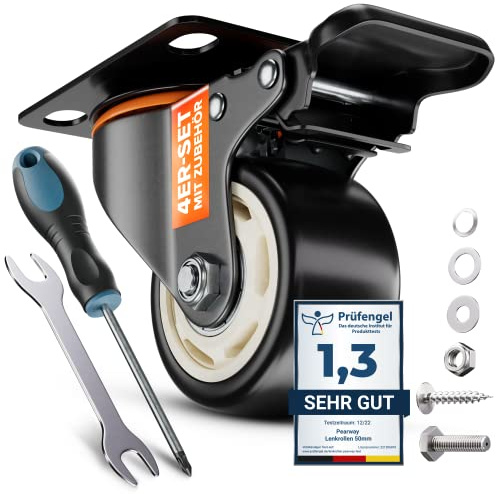 PEARWAY™ Schwerlastrollen 75mm - Tragkraft bis 500kg [4x Bremse] - extra leise & langlebig - Lenkrollen für Werkstatt, Möbel & Outdoor - Möbelrollen - Transportrollen Schwerlast - Rollen Schwerlast
