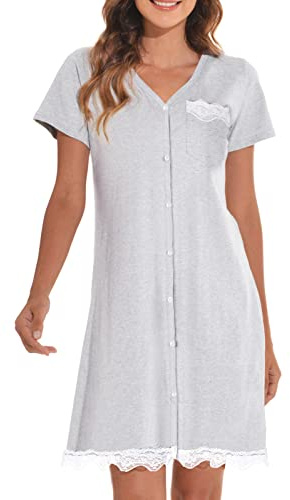 RITOSTA Chemises de Nuit Femme Coton Été Manche Courte Robe de Nuit Col V Boutonnée Ouvert Devant Pyjama Casual Loose Pyjamas Robe Shirt