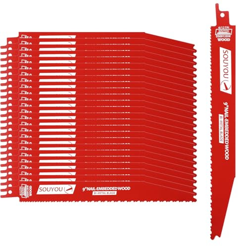Souyou 25 Pack 9 Inch 6/12 Tpi Reciprocating Saw Blades Bi-Metal Steel Demon with Perma-Shield Coating Stud and Reciprocating Saw Blades for Cutting Embedded Wood Metals PVC Pallets etc.