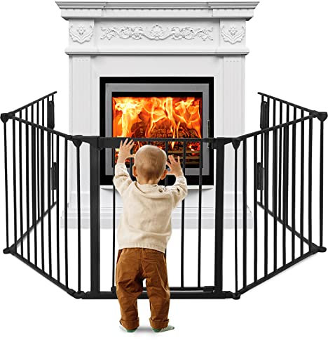 LARS360 Kaminschutzgitter Metall mit Tür 300cm Ofenschutzgitter Absperrgitter Tierschutzgitter Laufstall Baby Faltbar für Kinder-Sicherung, 5 Elemente (je 75 x 60 cm)