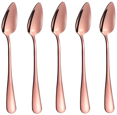 5 PCS Grapefruit Spoons, Stainless Steel Grapefruit Spoon Utensil Set, Serrated Edge & Thick Gauge Handle, Rose Gold Kitchen Tool with Non-stick Plating for Kiwi, Dessert, Apple, Citrus Fruit