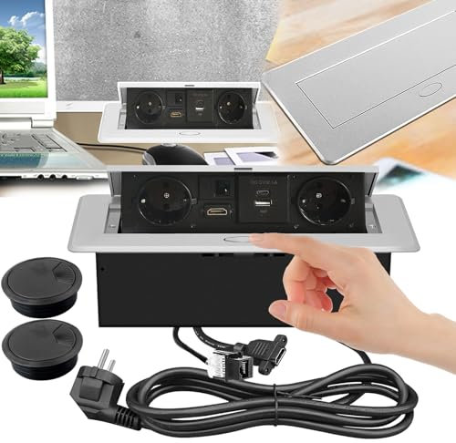 Tischsteckdose, Tischeinbau Steckdosen versenkbare Steckdose tischsteckdose mit USB 2 EU LAN HDMI und USB Typec MAX 20W Intelligentes Aufladen USB Steckdose mit 2PCS Lochabdeckung für Büro Küche