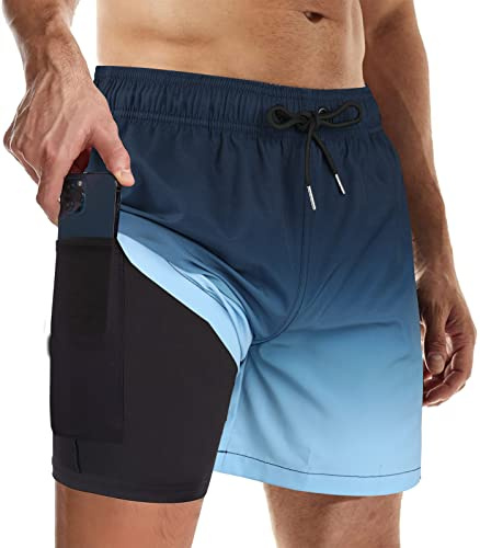 Wantonfy Badbyxor för män med kompression 2 i 1 strandshorts dubbla lager snabbtorkande badshorts surfande strandshorts