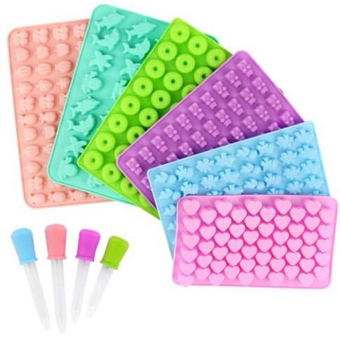 Silikonformen Backen, 6 Stücke Pralinenform Silikon Schokoladenformen, Gummibärchen Selber Machen Set mit 4 Tropfer, Süßigkeiten-Silikonformen für Die Herstellung von Süßigkeiten Gelee Schokolade