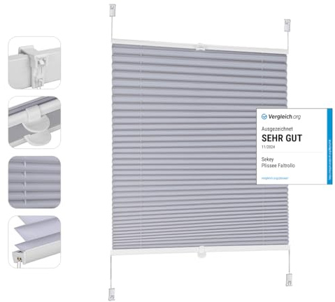 Sekey Plissee ohne Bohren Verdunkelung, Fenster Plissee Klemmfix Jalousie 40 cm breit, Verspannt Blickdicht Sonnenschutz Fensterollo, 40x130cm, Blaugrau
