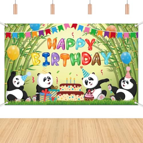 Toile de fond pour photographie « Happy Birthday » - Panda dans des ballons de fête - Décoration de fête sur le thème des animaux de dessin animé pour garçons et filles (1,8 x 1,1 m)
