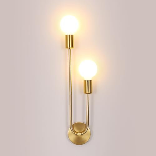 Applique da Parete Interno Oro, Lampada da Parete Vintage Metallo con 2 Luci, E27 Lampada a Muro Retro Industriale per Camera Da Letto, Soggiorno, Corridoio, Cucina, Bar, Caffè, Ristorante