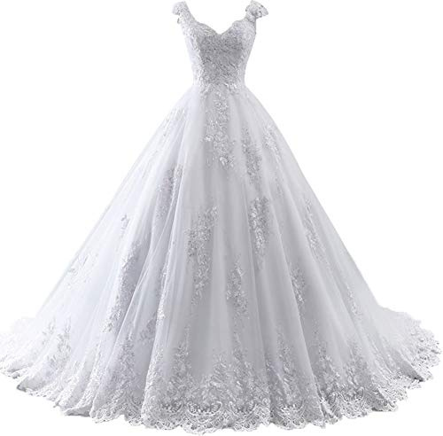 TAIGUHUI Abito da Sposa Lungo Principessa Bridal Tulle, Bianco, 44