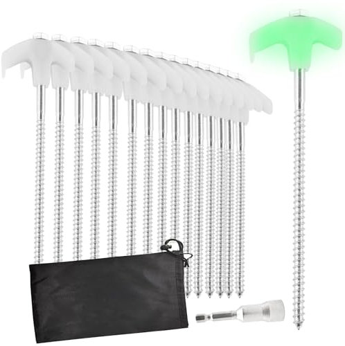 16 Stück Zelthering Schraubheringe mit Leuchteffekt mit Gewinde Adapter Heringe Camping Zeltheringe Zeltschrauben Erdnägel für Camping und Outdoor Zeltpflöcke ideal für harten Boden