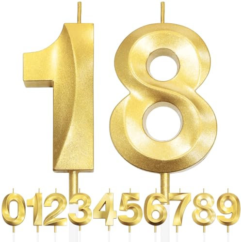18th Birthday Candle, 3D Design Gold Glitter Number Candles, Cake Topper Decorations, Cake Candle for Birthday Party, Wedding Anniversary, Baby Shower, Party Decoration
