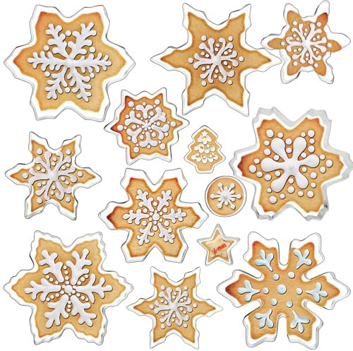 GWHOLE 13 Stück Schneeflocken Ausstechformen Weihnachten Edelstahl Ausstecher Set Plätzchenausstecher Keksausstecher Schnee Weihnachtsausstecher für Keks Fondant Plätzchen Backen Tortendekorationen