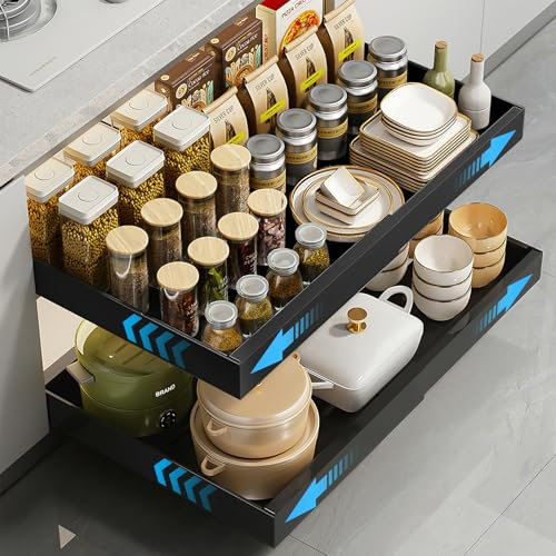 Kssvzz 1 Stück Teleskopschublade, Ausziehbare Schublade Küche mit Selbstklebende, Ausziehbarer Schrank Organizer, Schubladen Organizer Kein Bohren für Küche Pantry - Breite Einstellbar 32-53 cm