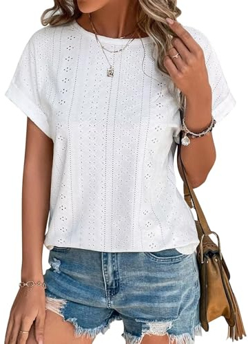 Cuptacc Camiseta para Mujer, Blusa Elegante de Verano con Bordado para Mujer, Blusa Informal de Manga Corta, Color Blanco, Talla Mediana M 38-40