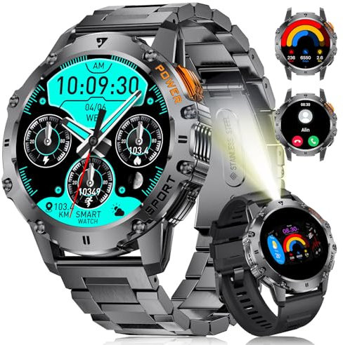 DREMAC EF8 Smartwatch Herren - Telefonfunktion/Lange Akkulaufzeit, 1.43'' Amoled Integriertes LED Taschenlampe Fitnessuhr mit 120+ Sportmodi,Herzfrequenz,Schlafmonitor für iOS Android, Schwarz