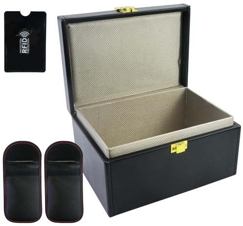 JRSHIRLEYLTD 2 stycken nyckellösa skydd bilnyckelbox & väskor med 2 stycken signalblockeringsväska, svart avskärmning RFID bilnyckel säkert fodral, väskor kolfiber läder nyckel, svart, 14 * 12.3 * 7.4