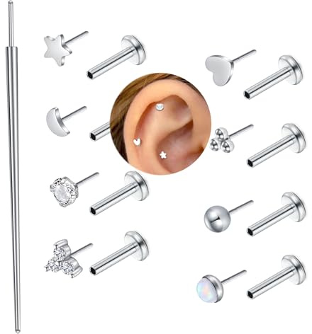 VFUN Trådlösa örhängen med platt rygg, dubbar, rostfritt stål, tryck i näsan, nitar, ringar 16 g, Cz, Tragus, brosk, helix, snäcka, läpp, labret, medusa, näsborre, piercing smycken, Rostfritt stål