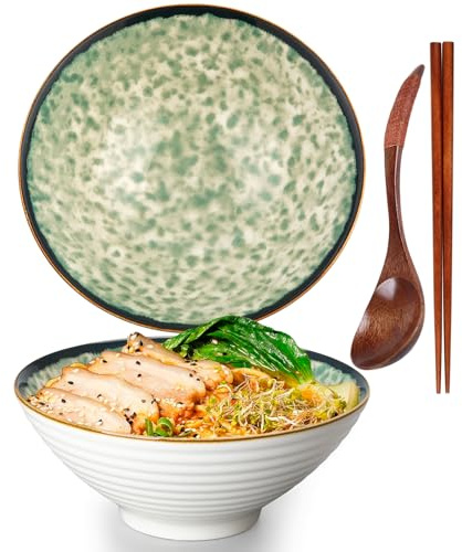 Ramen Skål, Ramen Skålar Set, Japanskt Keramiskt Ramen Skålar Set, 1200 ml Ramen Skål med Sked och Ätpinnar, Soppskålar, Müsliskålar, Salladsskål