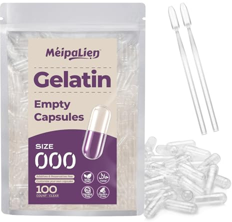 Capsule Vuote per Medicinali Taglia 000-100 capsule gelatina vuote, rapida risoluzione, confezione piccola, halal, non OGM, senza glutine, compatibile con riempitivo capsule, ideale per fai da te