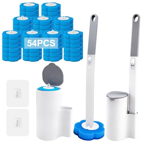 Feelhap Escobilla Baño Desechable WC, Cepillo para Inodoro con 54 Rellenos de Detergente, Toilet Brush Mango Largo Escobilla WC Escobilla Desechable con Soporte,Adecuado para Piscina Fregona Lavabo
