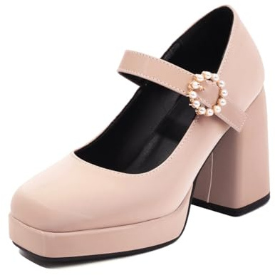 Zapatos Retro Mary Jane para Mujer Punta Cuadrada Cerrada Cuero PU Correa con Hebilla De Perla Tacón Alto Ancho Plataforma Slip on Zapatos De Fiesta Noche,Apricot,38 EU