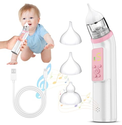 Nasal Aspirator for Baby, Baby Nose Sucker, 5 Level Suction Adjustment Nose Suckers, IP65 Waterproof Electric Nasal Aspirator Portable Easy-to-Clean & 3 nozzles with Soothing Music, Pink