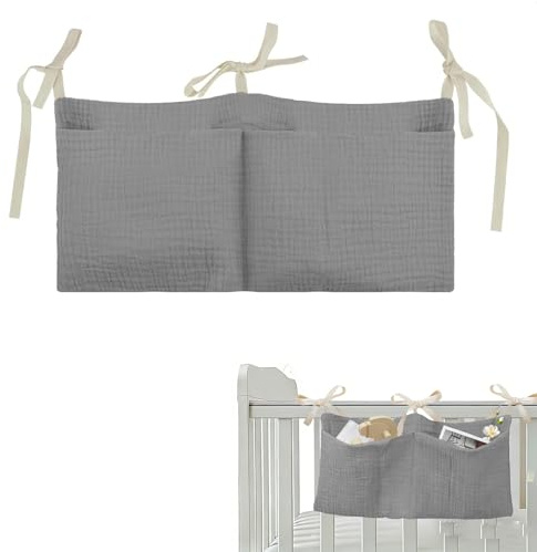 Borsa per il letto, organizer da appendere, per la cameretta dei bambini, con 2 tasche, morbida e traspirante da appendere per pannolini, vestiti, giocattoli, lettino, colore grigio