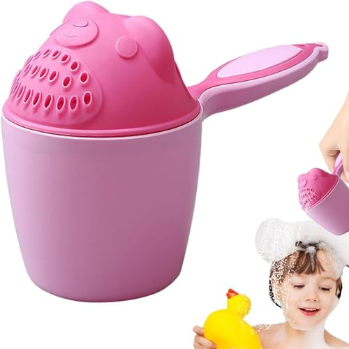 Bath Rinser Cup, Gentle Shower Rinser with Strainer & Anti-Splash Design, Reusable Bath Jug for Hair Washing, Toddler Hair Washing & Outdoor Water Play (Pink)