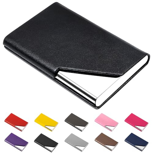 Padike Business Card Holder, Upgraded Leather Business Card Case Pocket Card Holders for Men or Women, Metal Slim Name Card Holder RFID Blocking Business Card Carrier with Magnetic Closure(Black)
