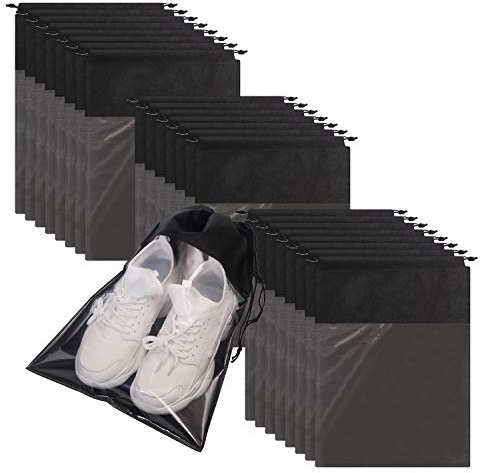 24 Pack Portable Shoe Bags for Travel Large Shoes Pouch Storage Organizer Clear Window with Drawstring for Men and Women Black
