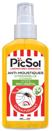 PicSol Spray Anti-Moustiques Citronnelle/Citriodiol Actifs 100% Végétal - 125 ml