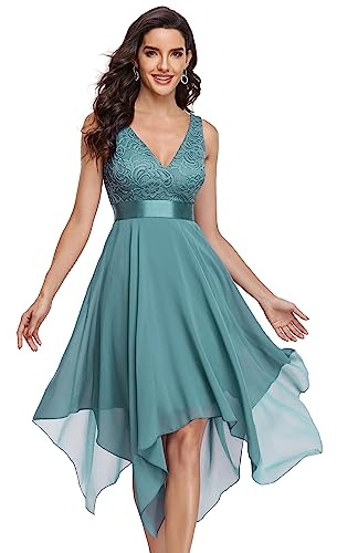 Ever-Pretty Abito da Cocktail Senza Maniche con Scollo a V Stile Impero Linea ad A in Pizzo Chiffon al Ginocchio con Orlo Asimmetrico da Donna Blu Polveroso 50