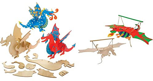 Baker Ross AX842 Drachen Holzbastelset, chinesisches Neujahrs-Bastelset für Kinder, 3 Stück & Bastelsets Holzfiguren Drache (3er-Pack) Bewegliche Puppen mit Flügelschlag für Kinder zum Basteln