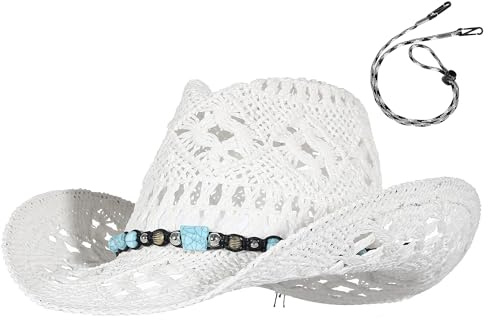 EOZY Men & Women's Summer Cowboy Cowgirl Straw Hat Hollow Out Style Roll Up Brim Beach Sun Hat for Ladies White