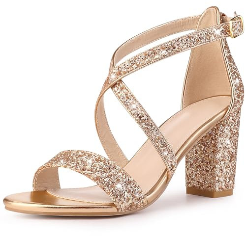 Perphy Glitter Sparkly Dress Pumps Open Toe Crisscross Strap Chunky Heel Sandals for Women Rose Gold 6 UK/Label Size 8 US