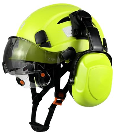 HaoYiShang Casque de sécurité industrielle avec visière, protège-oreilles, cache-oreilles, casque de sécurité ventilé, approuvé par l'OSHA, protection de la tête, certifié vert, double lunettes UK