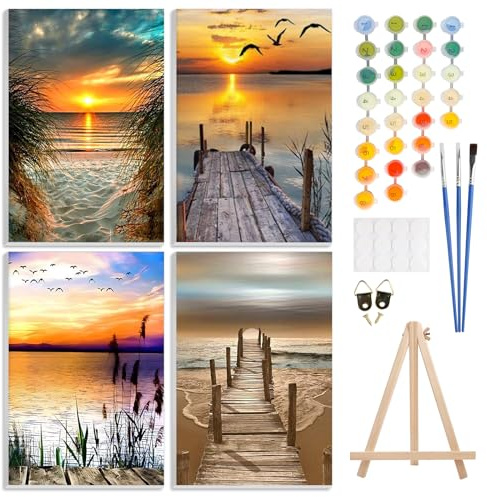 4 Pack Paint by Number Kits for Adults with Framed Canvas&Wooden Easel, DIY Adult Painting by Number Kit Oil Acrylic, Sunset Beach Painting Kit for Beginners, Arts and Crafts for Home Decor 8x12inch