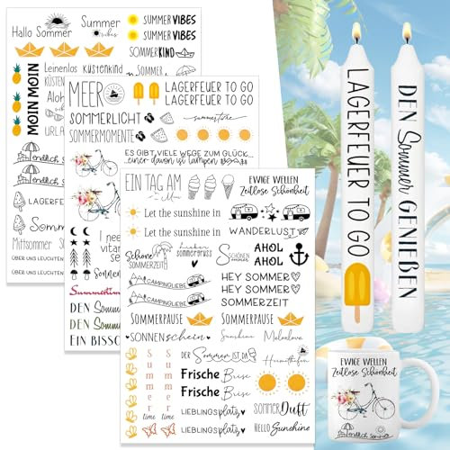Kerzentattoo,3 Stück DIN A4 Sommerkerzentattoos,Kerzensticker Sommer,Kerzentattoos verschiedene Motive,Wasserschiebefolie,Kerzen adekorieren,Sommer,Sommerkerze,Sprüche